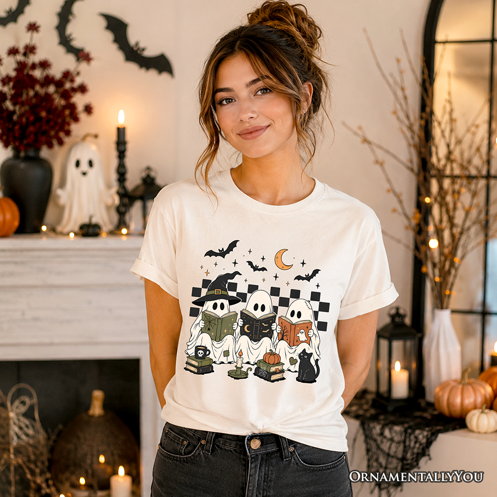 Bookish Ghosts Reading T-Shirt, Checkered Halloween Witch Cat Tee