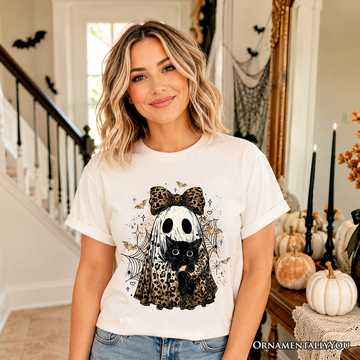 Leopard Bow Ghost with Black Cat T-Shirt, Spooky Halloween Spider Web Tee