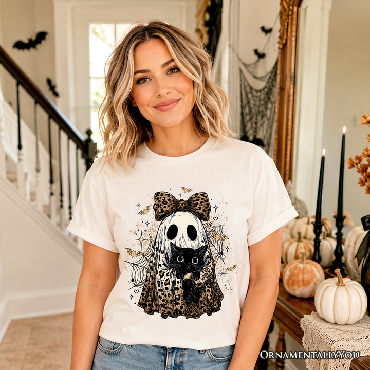 Leopard Bow Ghost with Black Cat T-Shirt, Spooky Halloween Spider Web Tee