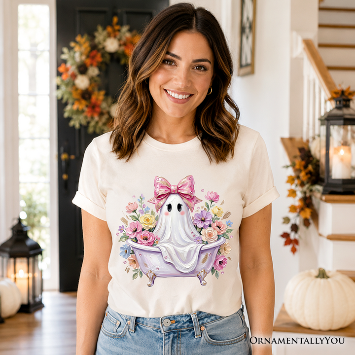 Pink Bow Bathtub Ghost T-Shirt, Floral Coquette Halloween Tee