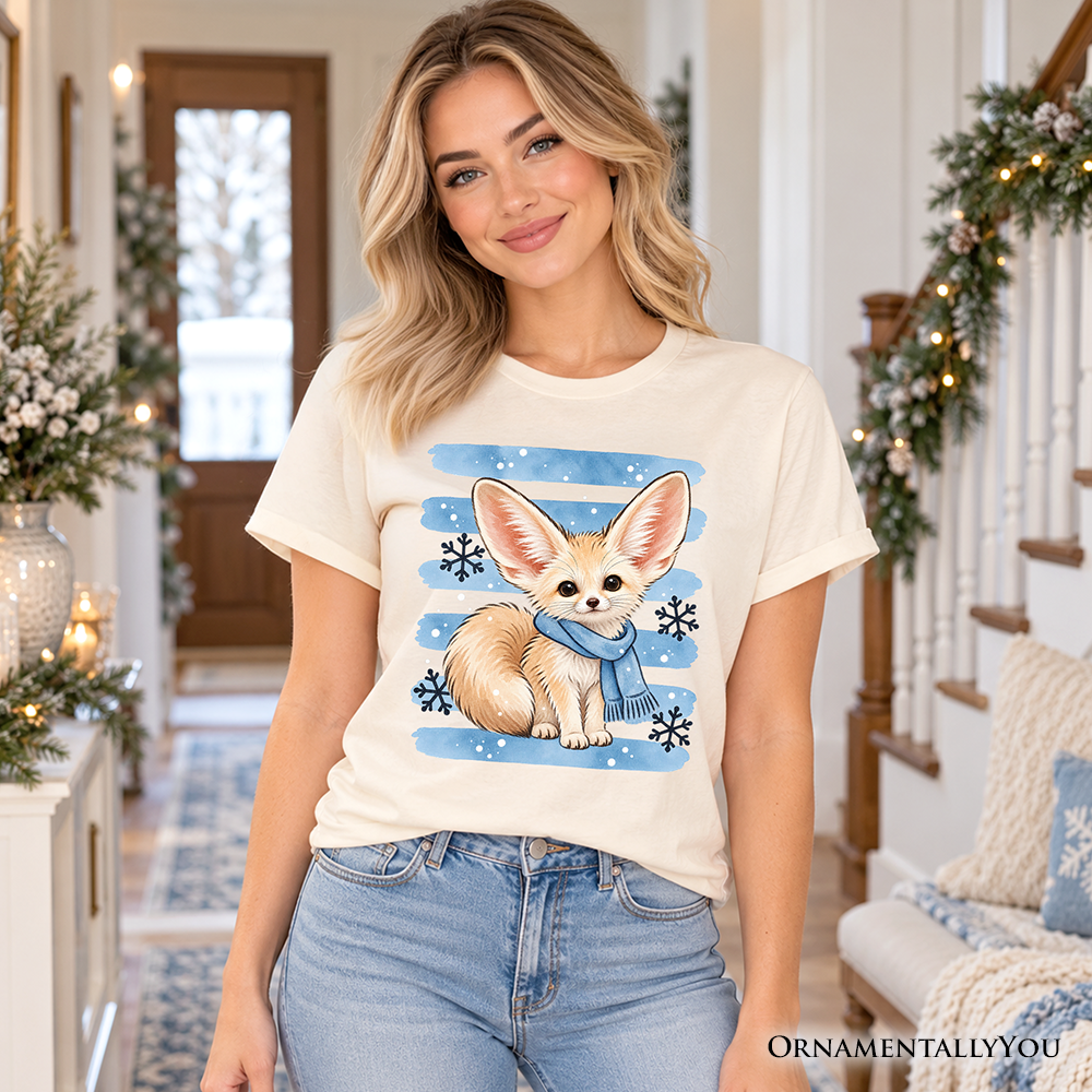 Snowflake Scarf Fennec Fox Christmas T-Shirt, Cute Winter Animal Tee