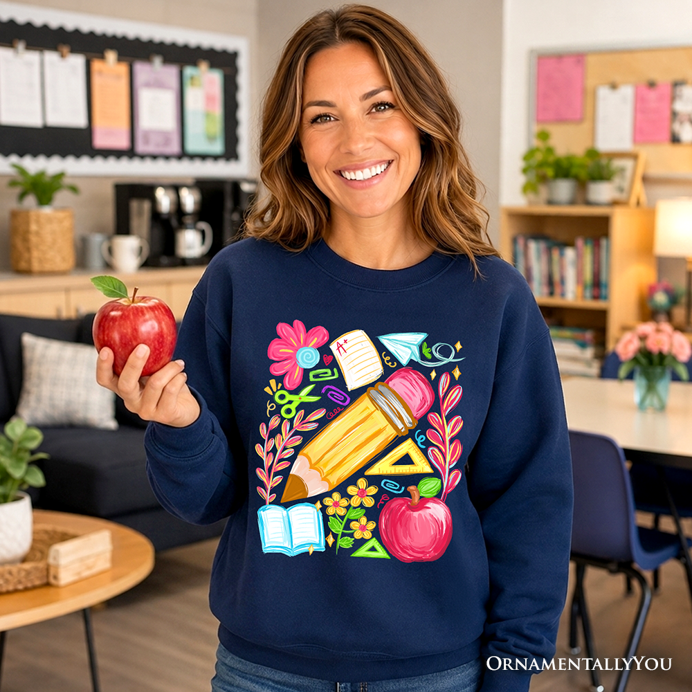 Floral Teacher Pencil Sweatshirt, Colorful Back to School Sweater