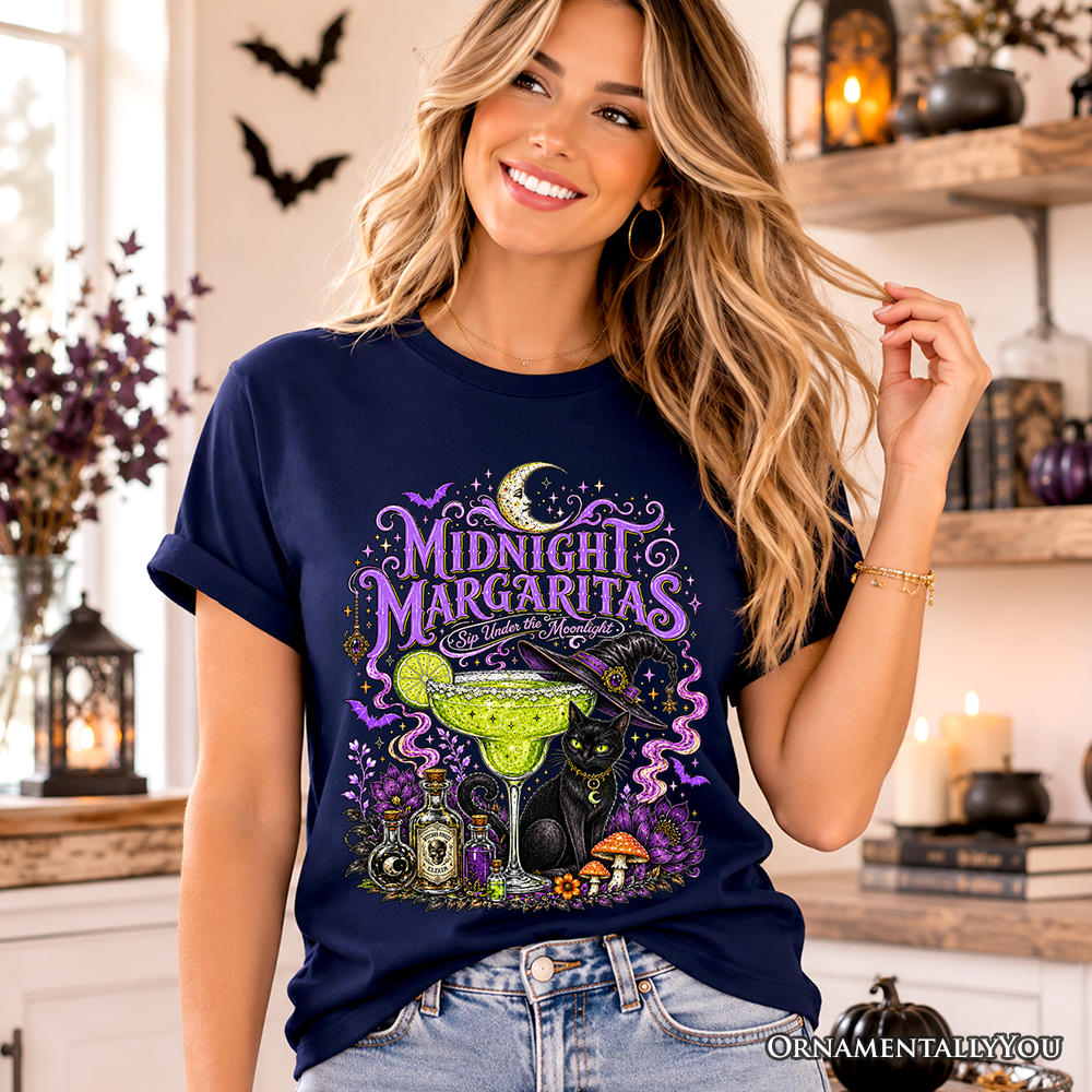 Midnight Margaritas Black Cat Halloween T-Shirt, Witchy Cocktail Tee for Spooky Season