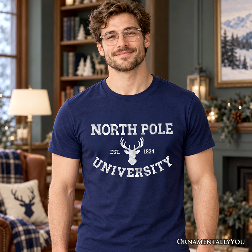 North Pole University Faux Cross Stitch Christmas T-Shirt, Winter Holiday Tee