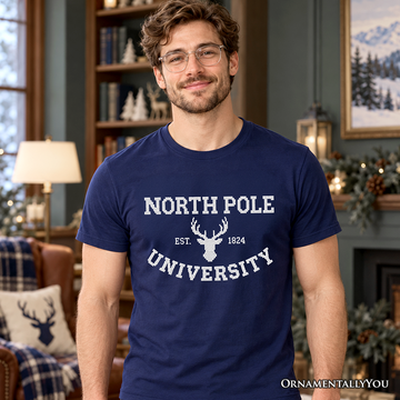 North Pole University Faux Cross Stitch Christmas T-Shirt, Winter Holiday Tee