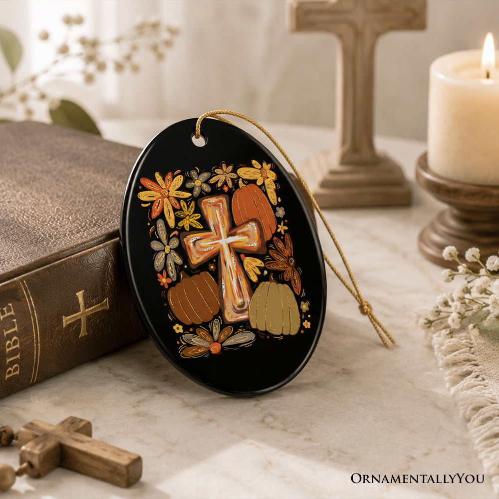 Boho Floral Pumpkin Cross Fall Ornament, Christian Harvest Autumn Keepsake