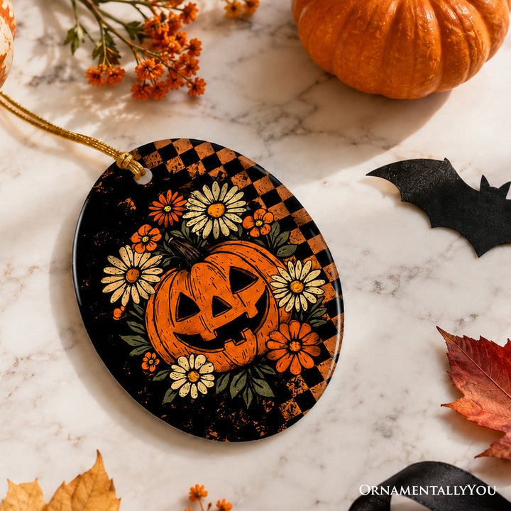 Checkered Floral Pumpkin Ornament, Retro Preppy Halloween Spooky Season Vibes Tree Decor