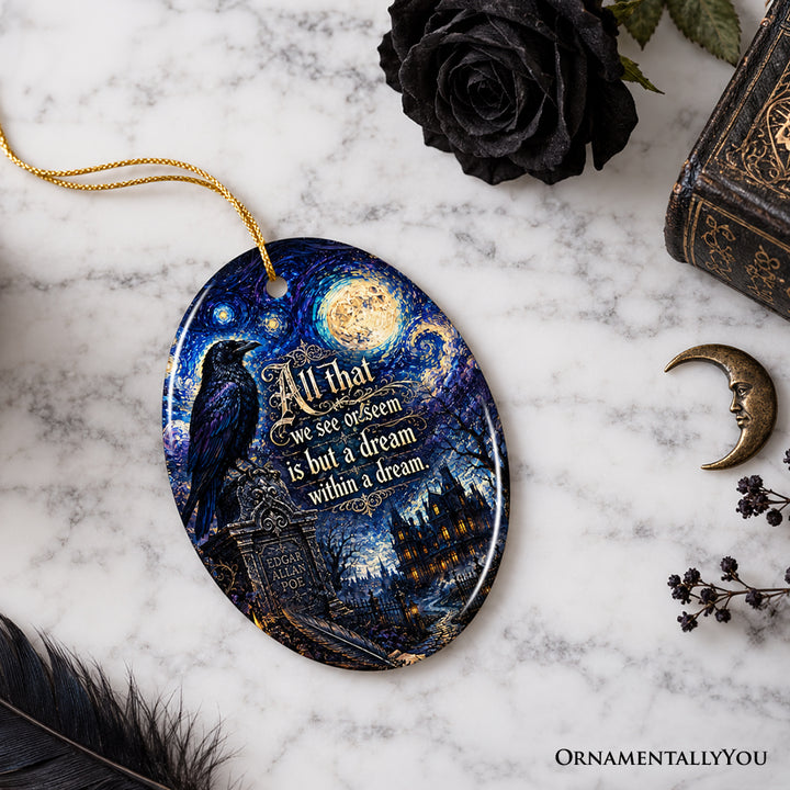 Edgar Allan Poe Dream Within a Dream Oval Ornament, Starry Night Gothic Raven Keepsake