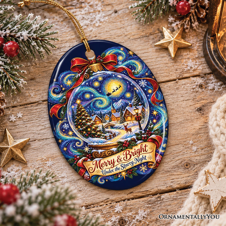 Merry & Bright Under the Starry Night Snowglobe Ornament, Whimsical Christmas Gift and Tree Decor