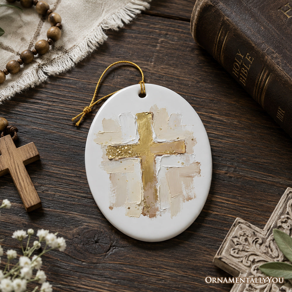 Oil Brushstroke Cross Canvas Ornament, Christian Faith Jesus Easter Gift and Tree Decor