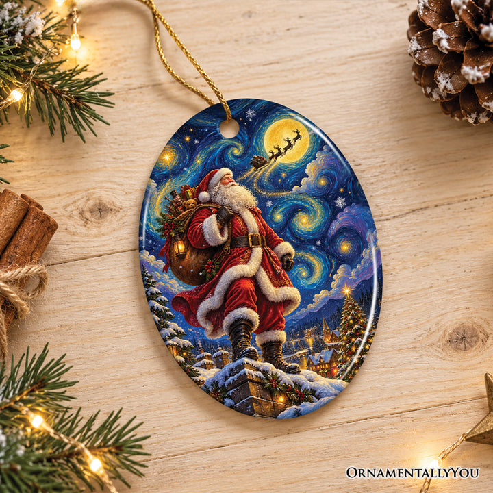 Santa Claus Starry Night Rooftop Ornament, Classic Christmas Eve Gift and Tree Decor