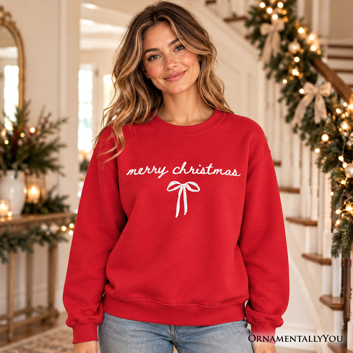 Merry Christmas Bow Sweatshirt, Minimalist Coquette Holiday Sweater