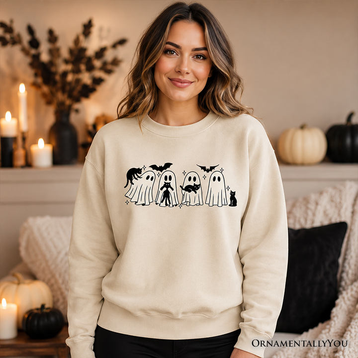 Ghosts and Cats Spooky Sweatshirt, Whimsical Halloween Sweater for Cozy Autumn Season