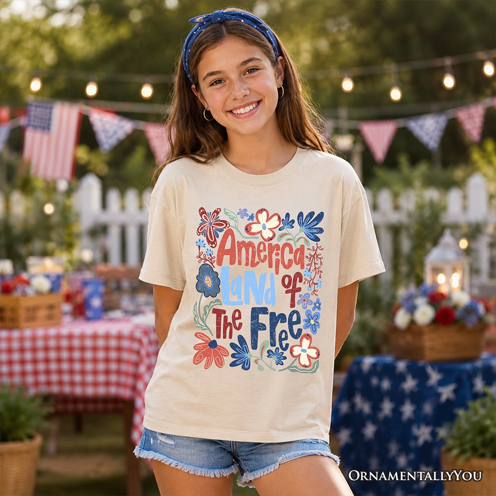 Kids America Land of the Free T-Shirt, Retro Youth Floral Independence Day Tee Kid's T-Shirts OrnamentallyYou 