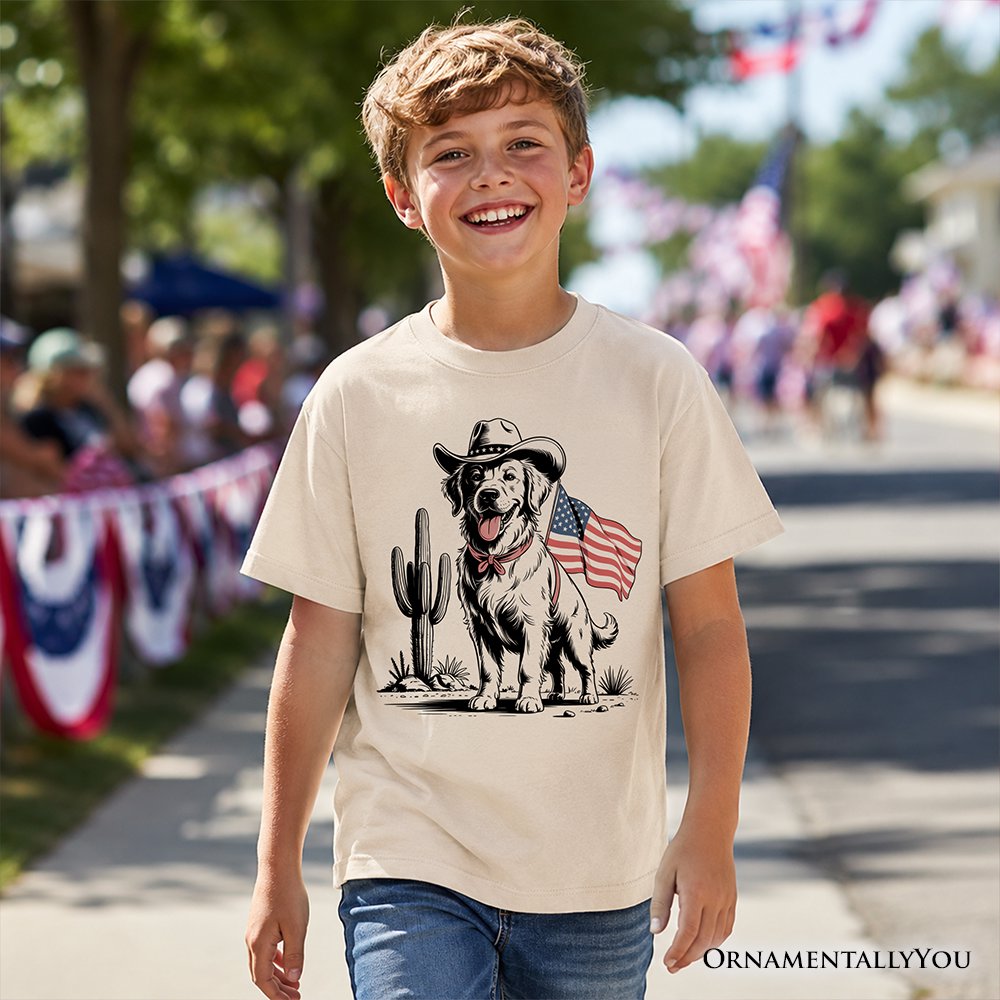 Kids American Cowboy Dog T-Shirt, Western Youth 4th of July Tee for Pet Lovers Kid's T-Shirts OrnamentallyYou 