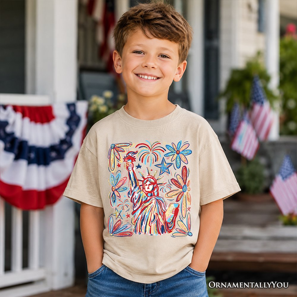 Kids Patriotic Statue of Liberty and Fireworks T-Shirt, Festive 4th of July Youth Tee Kid's T-Shirts OrnamentallyYou 