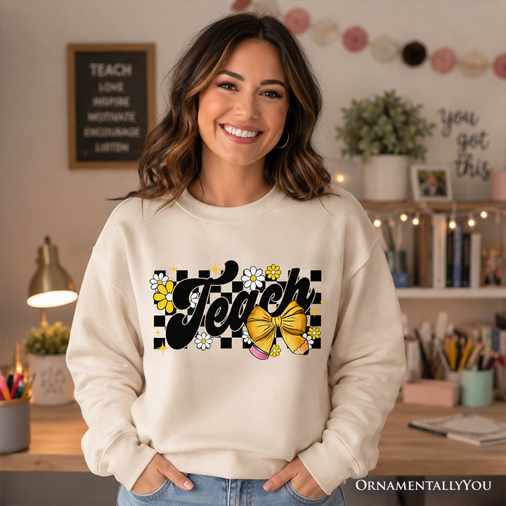 Teach Checkered Coquette Bow Sweatshirt, Retro Sweater for Trendy Teachers