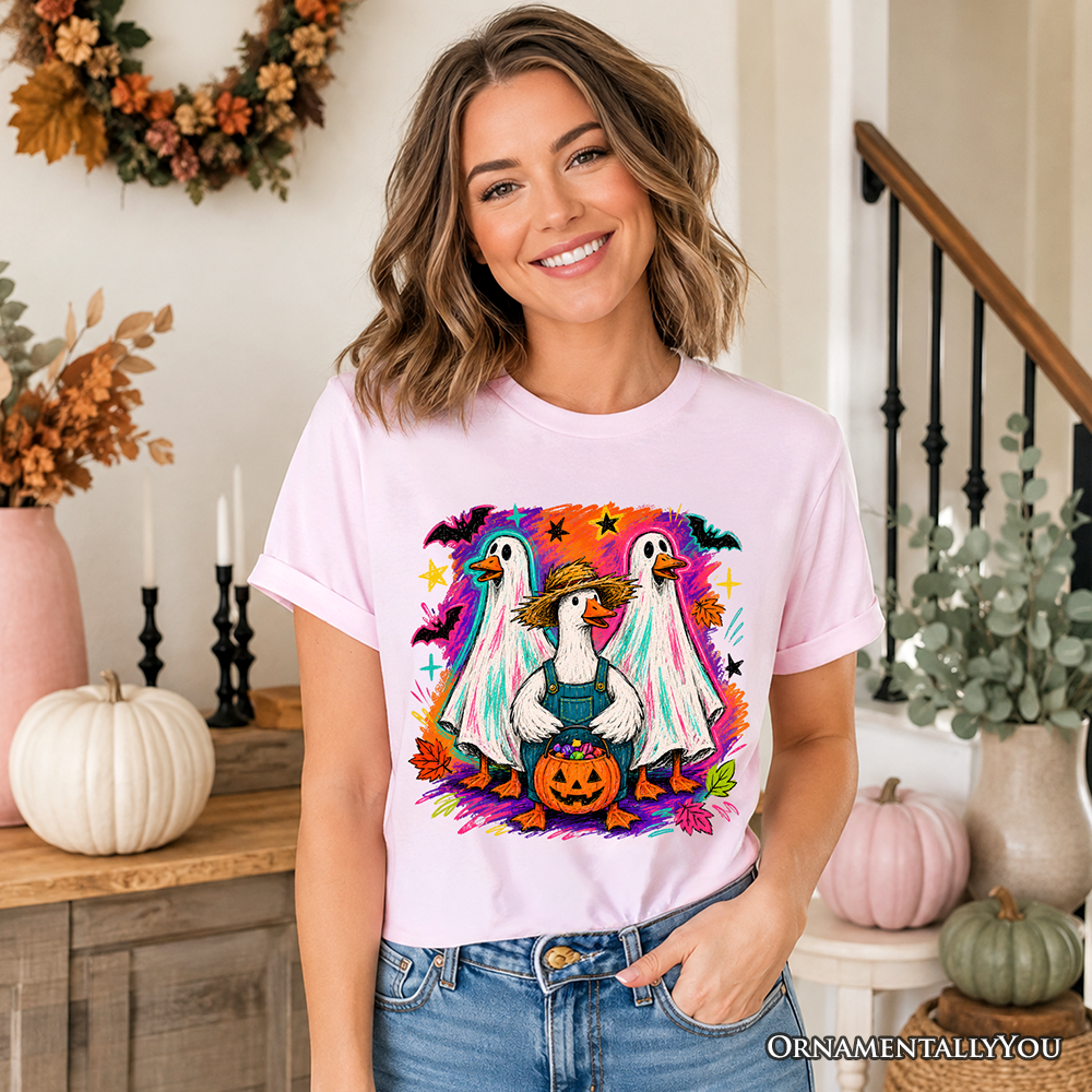 Trick or Treat Geese T-Shirt, Colorful Halloween Ghost Costume Tee