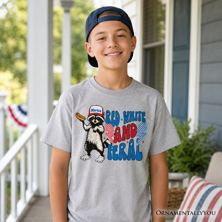 Kids Red, White & Feral Raccoon T-Shirt, Wild Youth Patriot American Tee