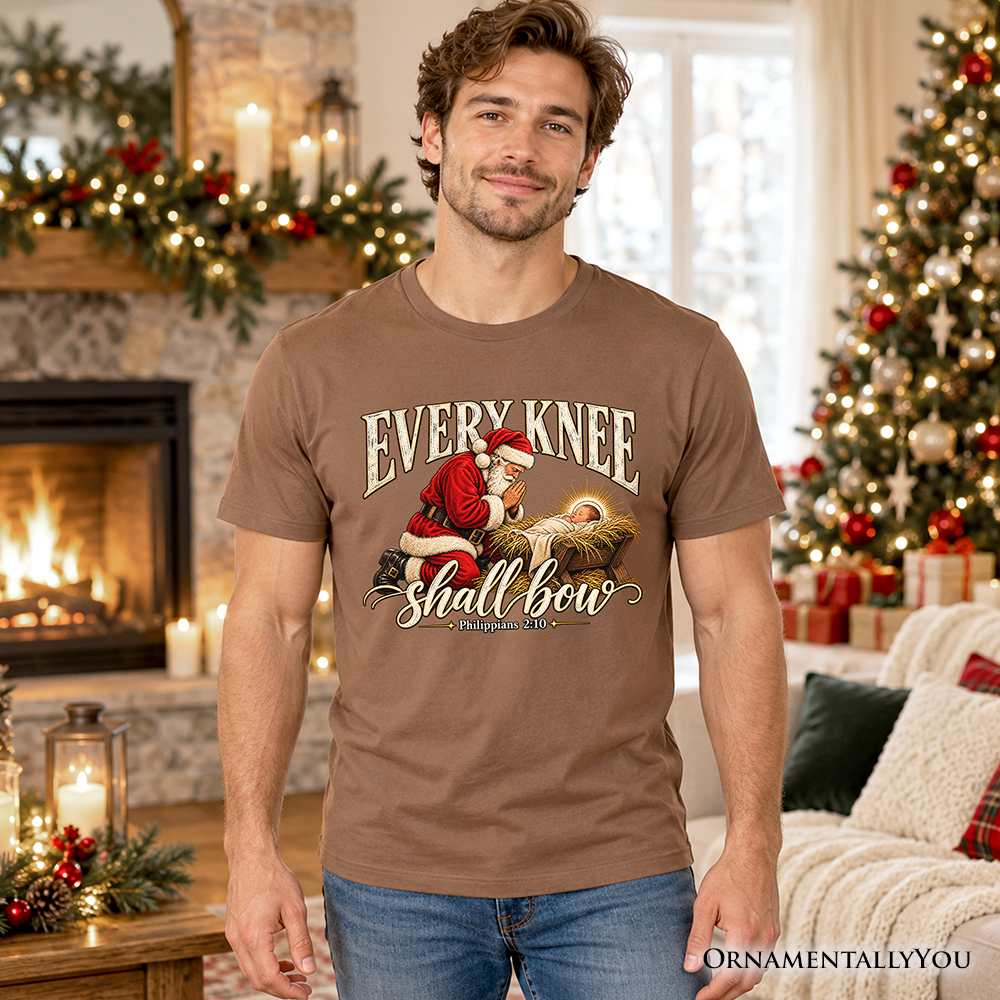 Every Knee Shall Bow Christmas Christian T-Shirt, Santa Nativity Faith Tee