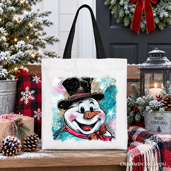 Brushstroke Cute Snowman Tote Bag, Preppy Merry Christmas Glitter Holiday Gift Shopper