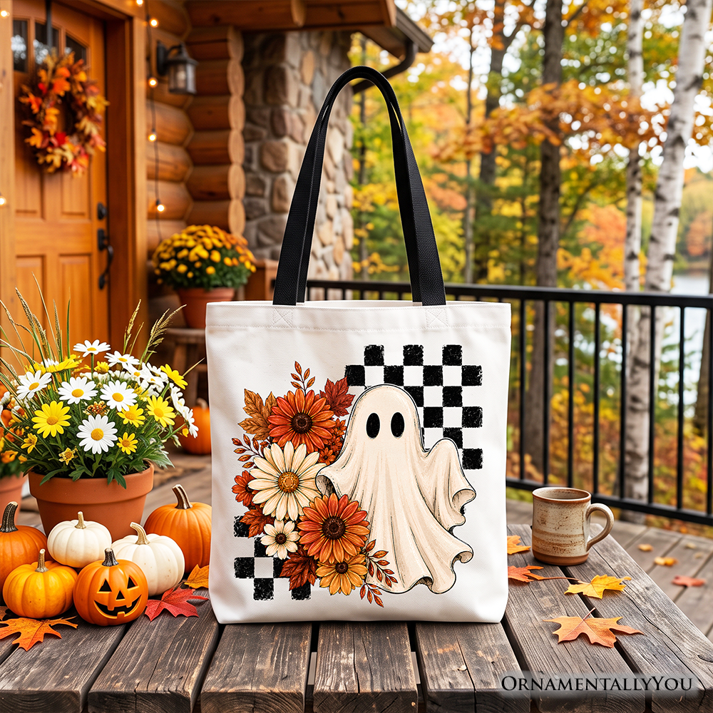 Checkered Floral Ghost Tote Bag, Vintage Fall Halloween Daisy Gift Shopper