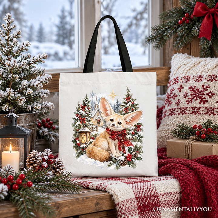 Church Fennec Fox Christmas Tote Bag, Winter Holiday Animal Gift Shopper