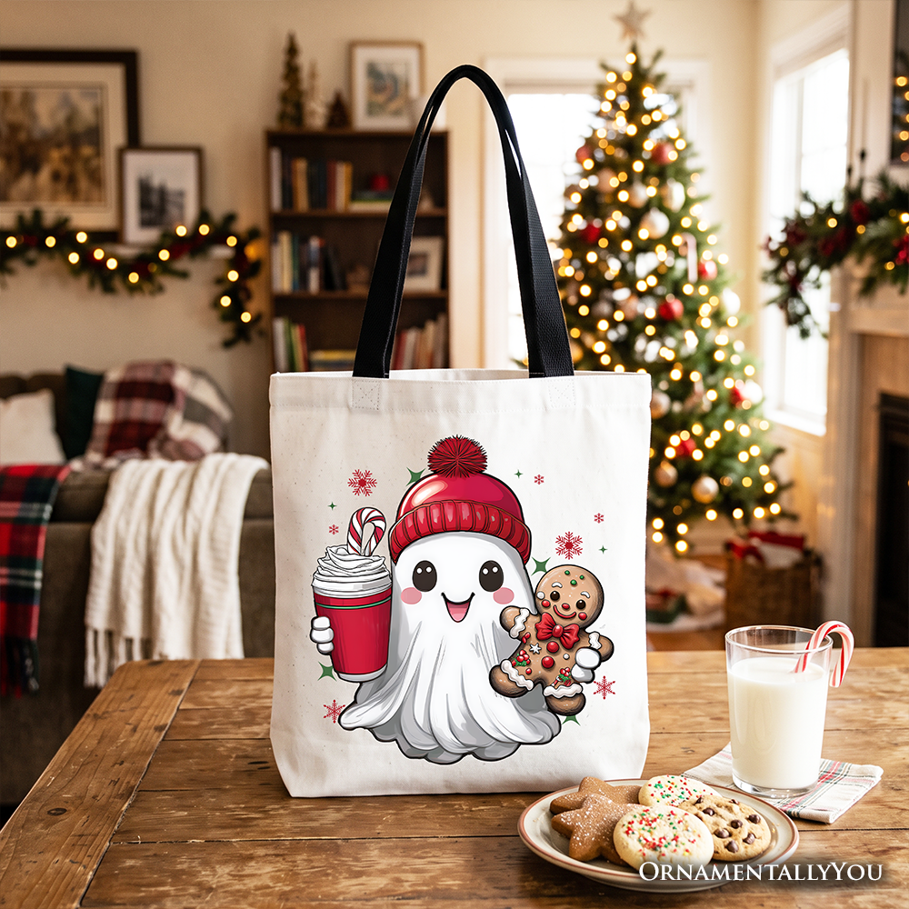 Cute Ghost Christmas Tote Bag, Adorable Gingerbread and Cocoa Holiday Gift Shopper