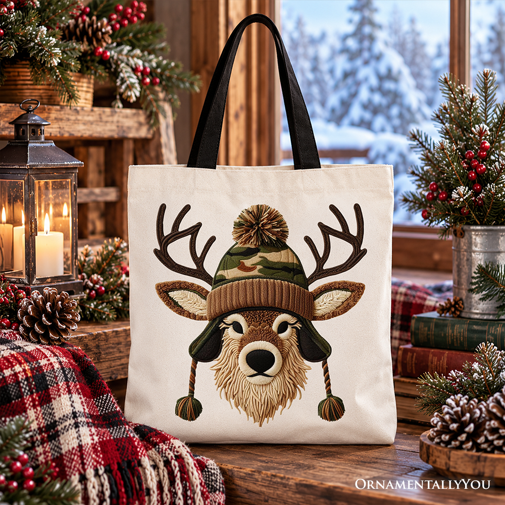 Deer Head Camo Hat Christmas Tote Bag, Imitation Latch Hook Yarn Cozy Hunting Season Gift Shopper