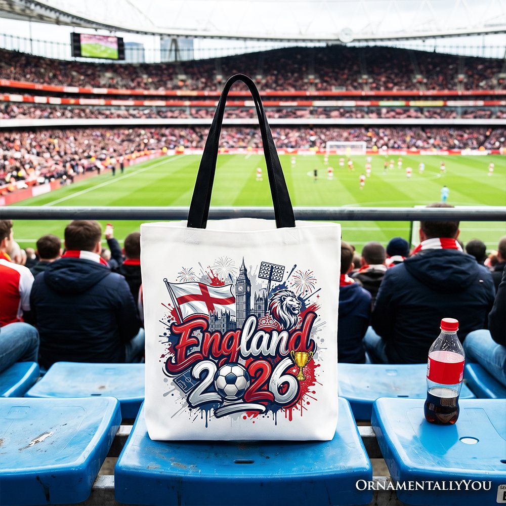 England 2026 Soccer Cup Global Championship Tote Bag, Fans Football Gift Shopper Tote Bag OrnamentallyYou Black Handle 