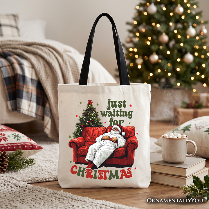 Funny Fat Santa Couch Tote Bag, Just Waiting for Christmas Gift Shopper for Lazy Holiday Season