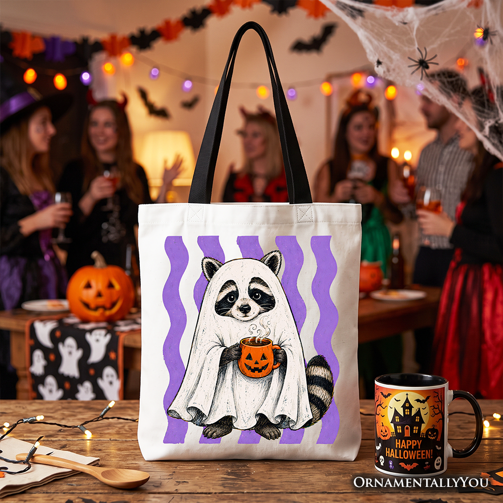 Ghost Costume Raccoon Tote Bag, Halloween Pumpkin Coffee Mug Gift Shopper