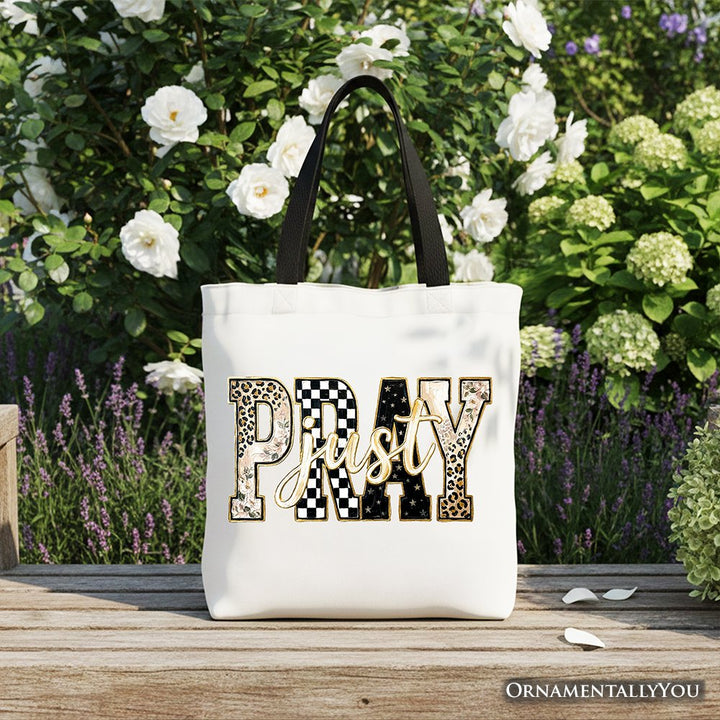 Just Pray Christian Varsity Tote Bag, Retro Leopard Checkered Faith Gift Shopper Tote Bag OrnamentallyYou Black Handle 