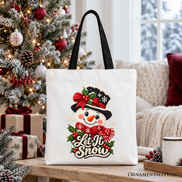 Let It Snow Faux Cross Stitch Snowman Christmas Tote Bag, Winter Holiday Gift Shopper