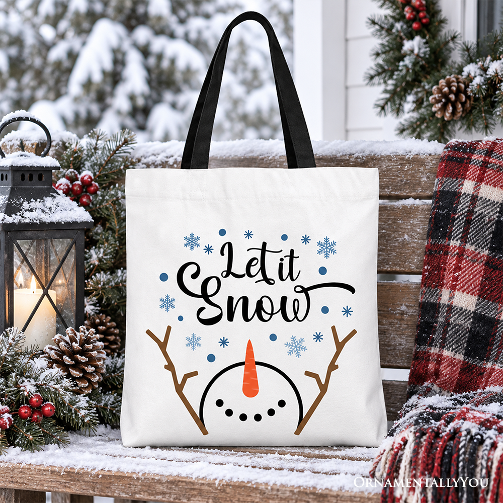Let It Snow Snowman Tote Bag, Snowflakes Minimalist Gift Shopper for Winter Holiday Season