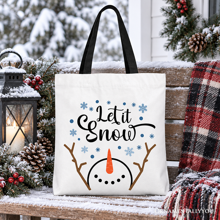 Let It Snow Snowman Tote Bag, Snowflakes Minimalist Gift Shopper for Winter Holiday Season
