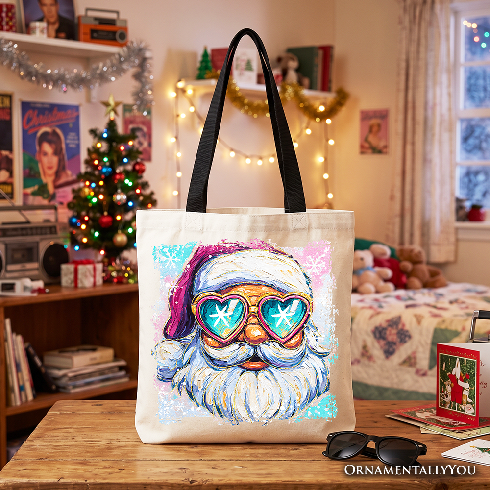Merry Christmas Santa Sunglasses Christmas Tote Bag, Funky Retro Holiday Gift Shopper