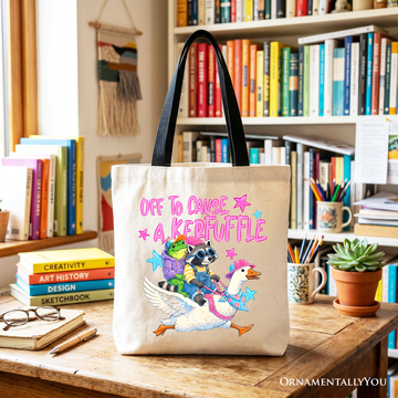 Off To Cause A Kerfuffle Tote Bag, Frog Raccoon Goose Funny Animal Gift Shopper