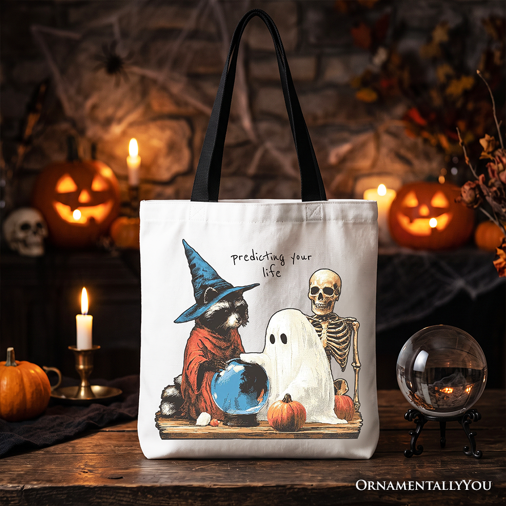 Predicting Your Life Witch Racoon Tote Bag, Vintage Halloween Ghost Skeleton Fortune Teller Gift Shopper