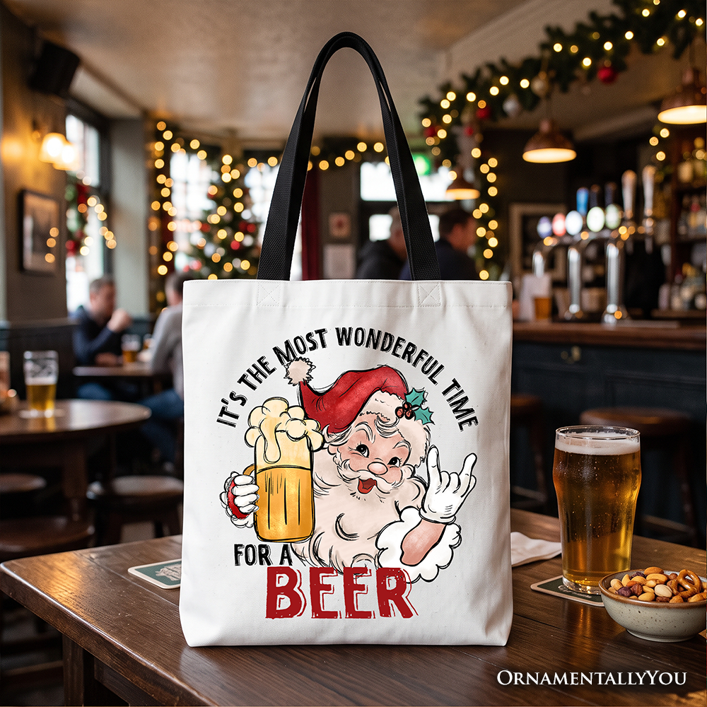 Santa Beer Christmas Tote Bag, It’s The Most Wonderful Time Funny Holiday Gift Shopper for Festive Drinkers