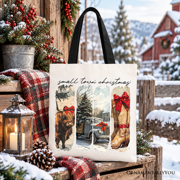 Small Town Christmas Tote Bag, Highland Cow Rustic Western Cowgirl Holiday Gift Shopper