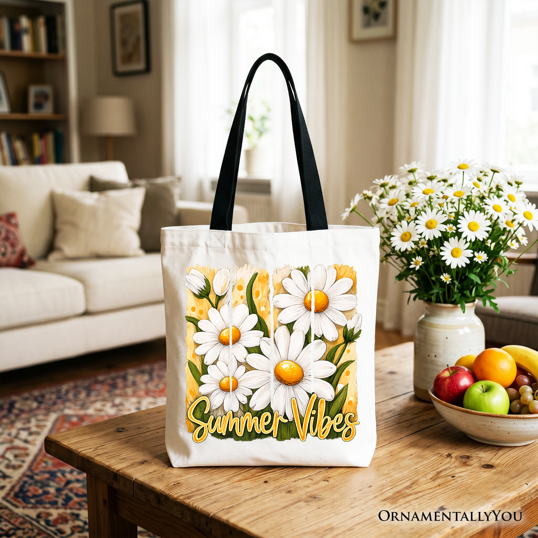 Summer Vibes Daisy Brushstroke Flowers Tote Bag, Aesthetic Gift Shopper