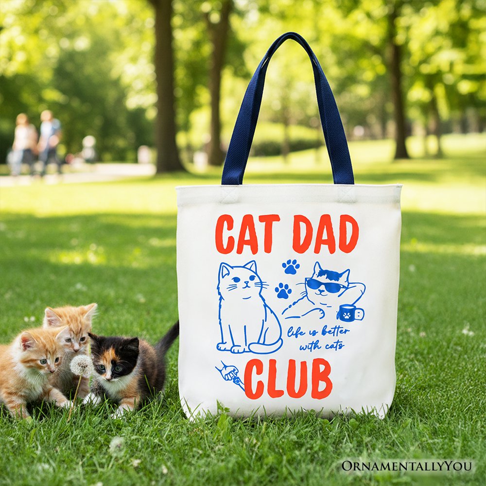 Cat Dad Club Retro Tote Bag, Funny Father's Day Gift Shopper Tote Bag OrnamentallyYou Navy Handle 