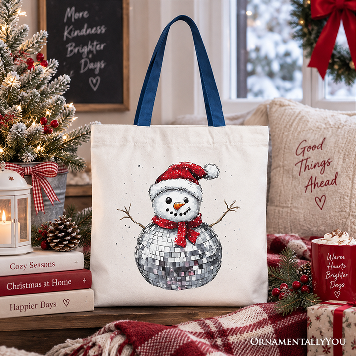 Disco Snowman Christmas Tote Bag, Retro Holiday Gift Shopper for Dancers