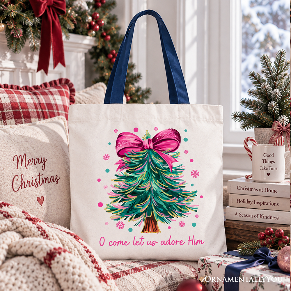Glitter Christmas Tree Coquette Bow Tote Bag, O Come Let Us Adore Him Holiday Gift Shopper