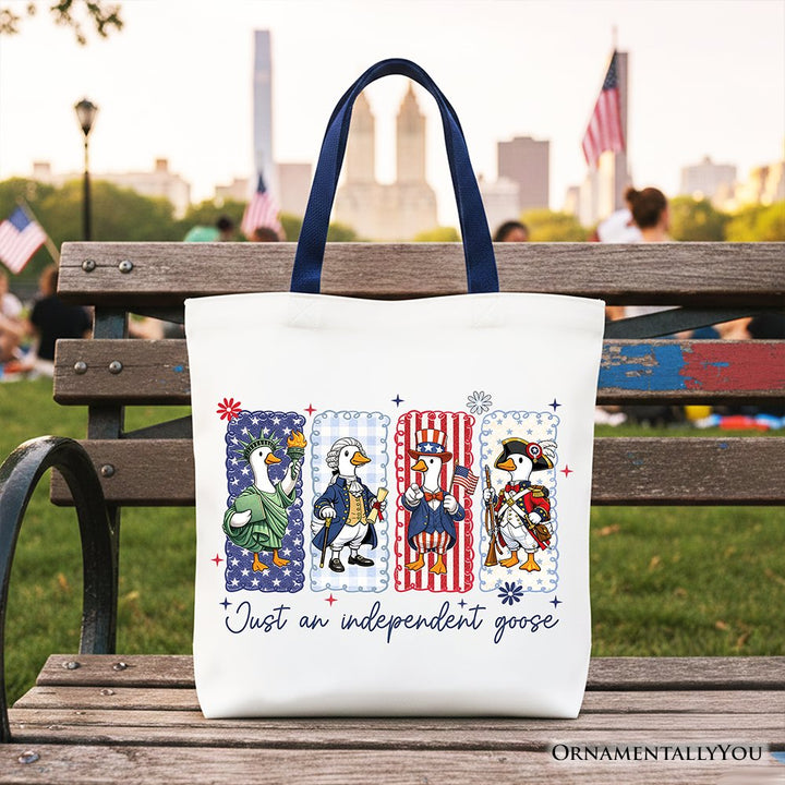 Just An Independent Goose Patriotic Tote Bag, Funny 4th of July Gift Shopper Tote Bag OrnamentallyYou Navy Handle 