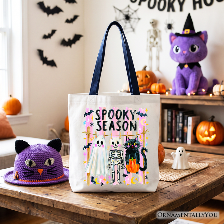 Spooky Season Ghost Skeleton Cat Tote Bag, Colorful Halloween Costume Gift Shopper
