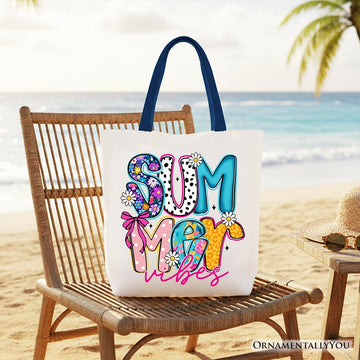Summer Vibes Retro Floral Tote Bag, Coastal Beach Gift Shopper Tote Bag OrnamentallyYou Navy Handle 