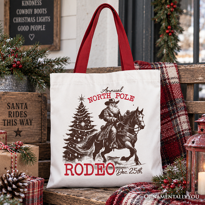 Annual North Pole Rodeo Tote Bag, Funny Cowboy Santa Christmas Gift Shopper for Country Lovers