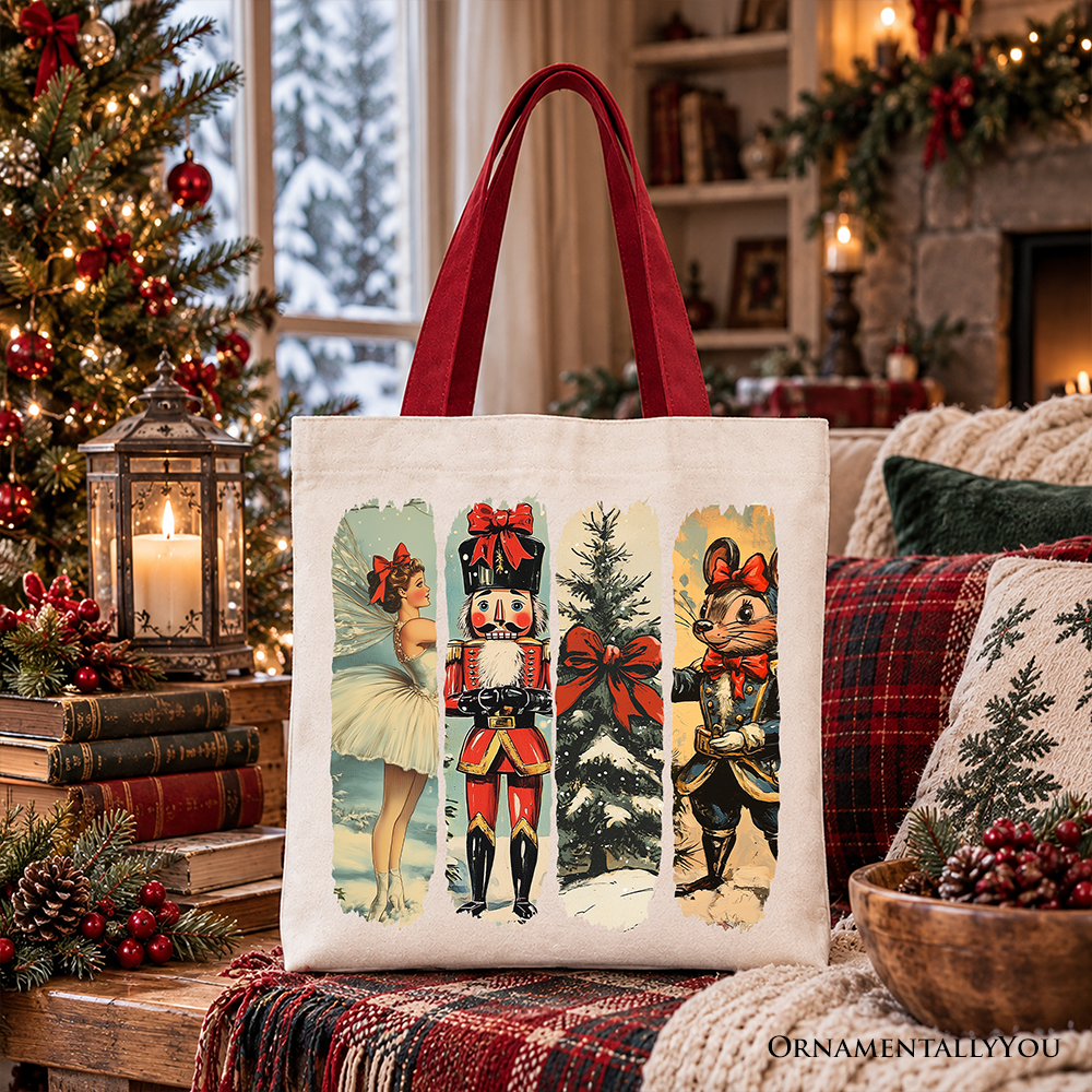 Ballet and Nutcracker Christmas Tote Bag, Coquette Bow and Mouse Vintage Holiday Gift Shopper